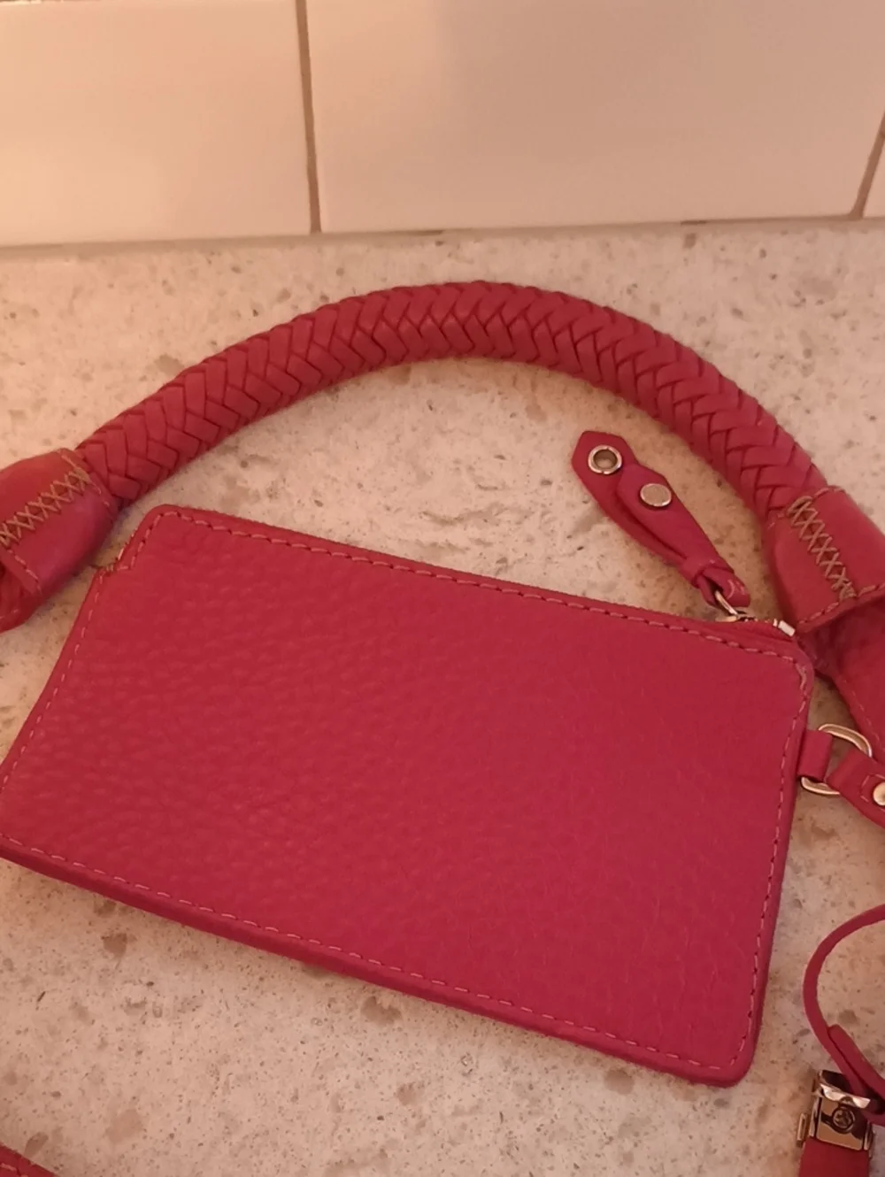 Cole Haan Hot Pink Pebbled Leather Shoulder Bag With Braided Top Handle-pouch